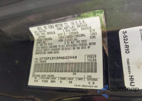 1993 Ford F150 from USA, damaged, VIN 1FTEF15Y3PNB22440